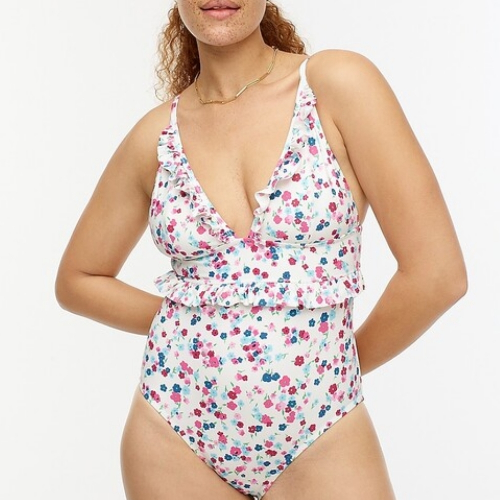 Size 14 J. Crew Long-torso ruffle V-neck one-piece in little blooms